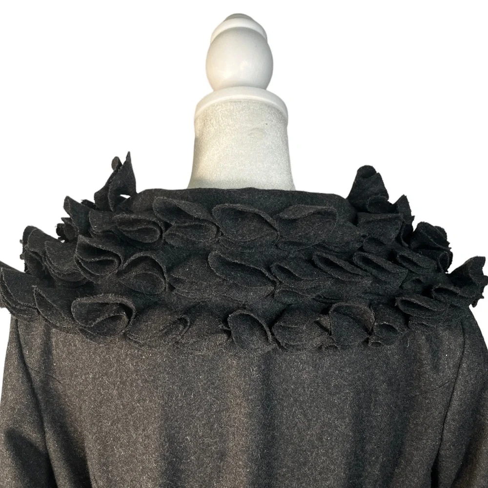 Feratelli Elegant Black Pea Coat with Ruffle Details - Picture 7 of 10